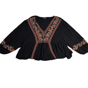 American Eagle Peasant Blouse Womens XL Black Embroidered Bohemian Peplum Gauze